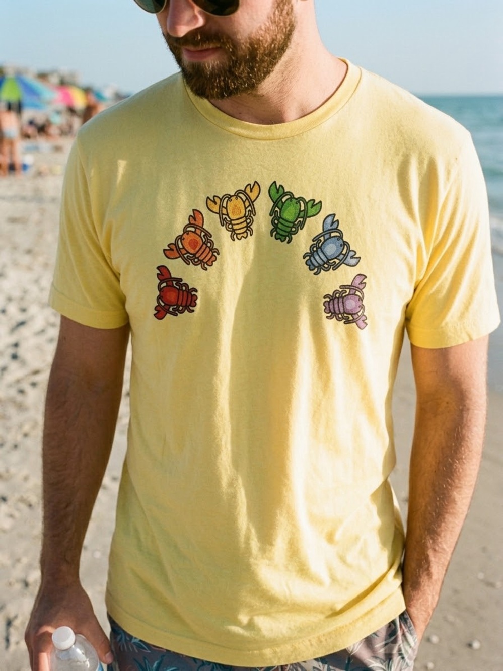 Bella Canvas Yellow Tee with Colorful Lobsters Graphic